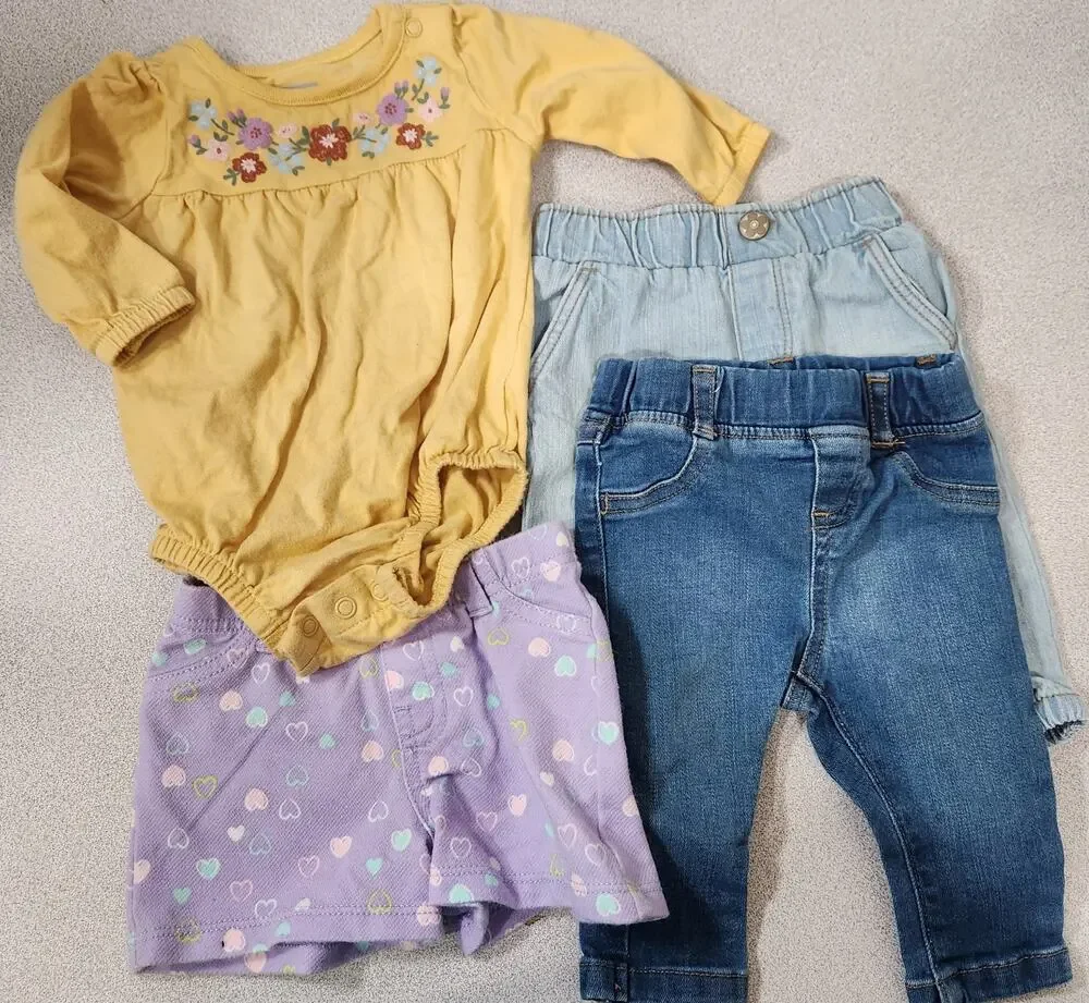 Garanimals 4 Pieces Baby Girl Clothes 0-3 Body Suit Jeans Shorts